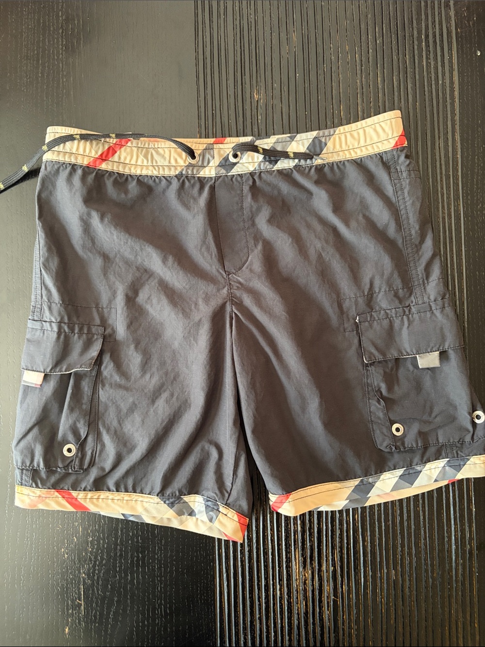 Burberry Black Cargo Swim Shorts with Signature Check Trim